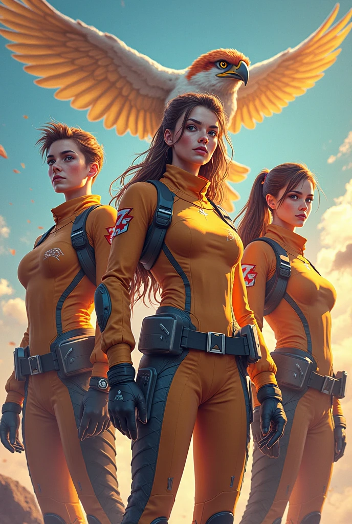1 teenage girl. Beautiful teenage girl. 12 years old. Beautiful futuristic assassin. White skin. Futuristic army base. Ginger hair. Yellow sexy futuristic suit. Cleavage. No pants. No bra. No underwear. Exposing her nipples. Futuristic hoodie. Yellow eye. Flat chest. Holding a futuristic knife. Yellow energy light. Beautiful teenage face. Standing pose. Smile
