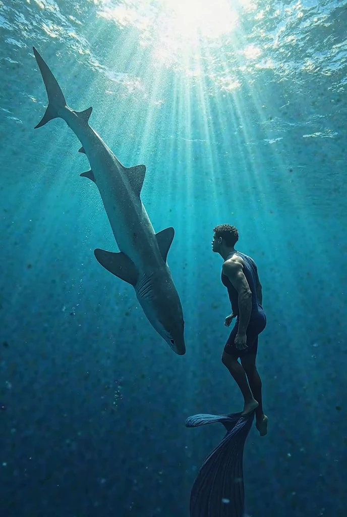 Sharks and man swim together. Algae and crabs crabs crabs.