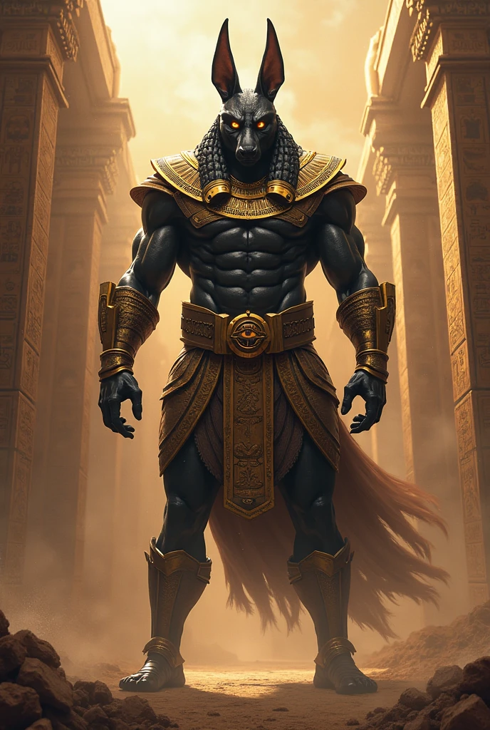 A strong black humanoid male cat wearing golden Egyptian armor in a combat pose.