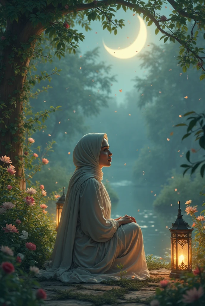 Pink moon on the sky behind sitting beautiful Muslim girl
