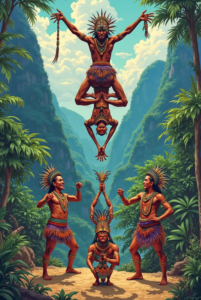 . **Dawn and Morning Star**:
- Un cielo con tonos dorados y rosados, y la estrella brillante (Venus) en el horizonte.
2. **Four Heroes**:
- The four heroes (Balam-Quitze, Balam-Acab, Muhucutah, Iqui-Balam) burning incense and dancing with tears of joy.
3. **Animales Alegres**:
- Animals like the lion, el tigre, the eagle and other birds celebrating with outstretched wings.
4. **Nacimiento del Sol**:
- El sol emergiendo con una figura humana radiante, secando la tierra.
5. **Transformation into Stone**:
- Tohil, Avilix, Hacavitz and other deified beings turning into stone, with arms attached to the trees.
This image would capture the moment of sunrise, the celebration of heroes and animals, and the transformation of beings into stone.