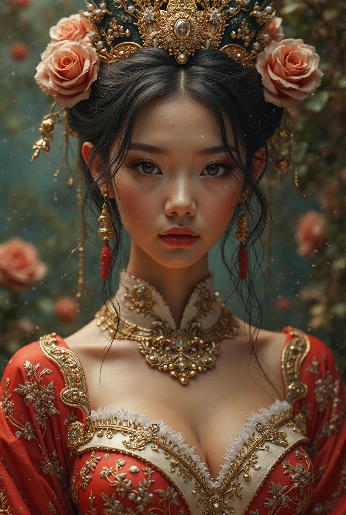 beautiful detailed eyes, beautiful detailed lips, extremely detailed face and eyes, long eyelashes, 1 woman, Indonesian woman, Chinese ancestry, big breasts, blonde hair, detailed skin texture, intricate jewelry, detailed fashion, ornate headdress, dramatic lighting, cinematic composition , vibrant colors, rich color palette, oil painting style, photorealistic, (best quality,4k,8k,highres,masterpiece:1.2),ultra-detailed,(realistic,photorealistic,photo-realistic:1.37) not wearing clothes just wearing clothes inside and full body photo  