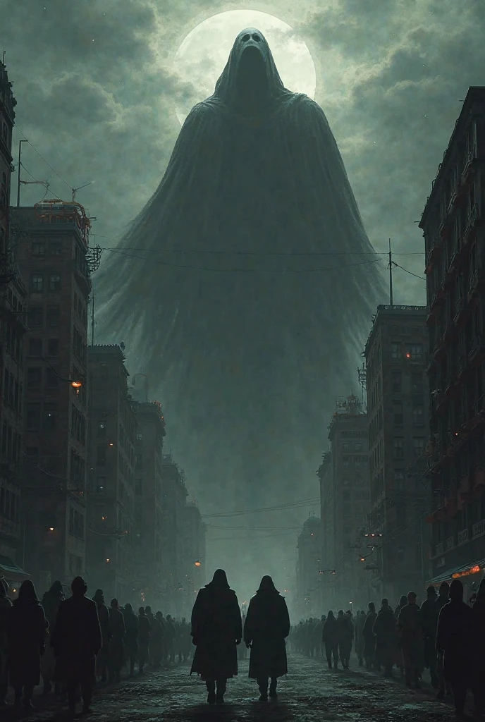 horror scene from a movie, giant tall horn figures semi transparent apparitions floating and flying, smoke on the floor,  in city street, running crowd running away