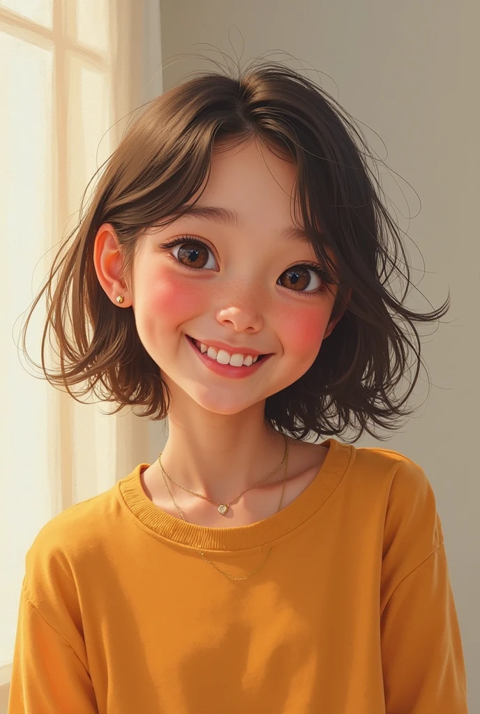 super cute girl IP by popmart,natural light,Adorable,Youthful,Animated, pixar style,Medium curly hair, he smile, gray background