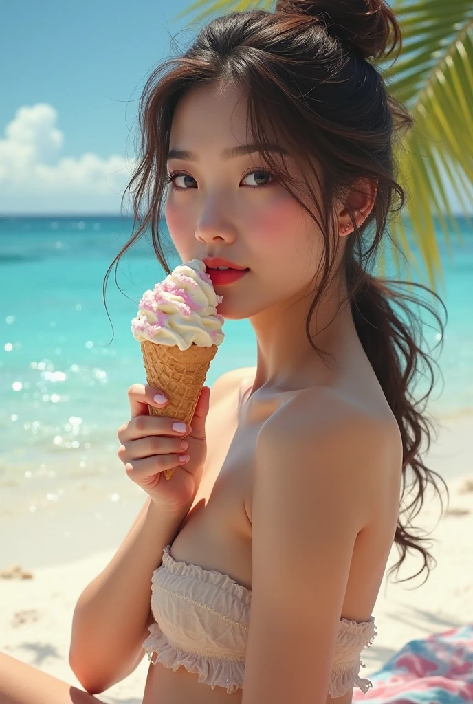Araffe Japanese model, hyperrealistic, having ice cream next to Asian bees on a beach,
