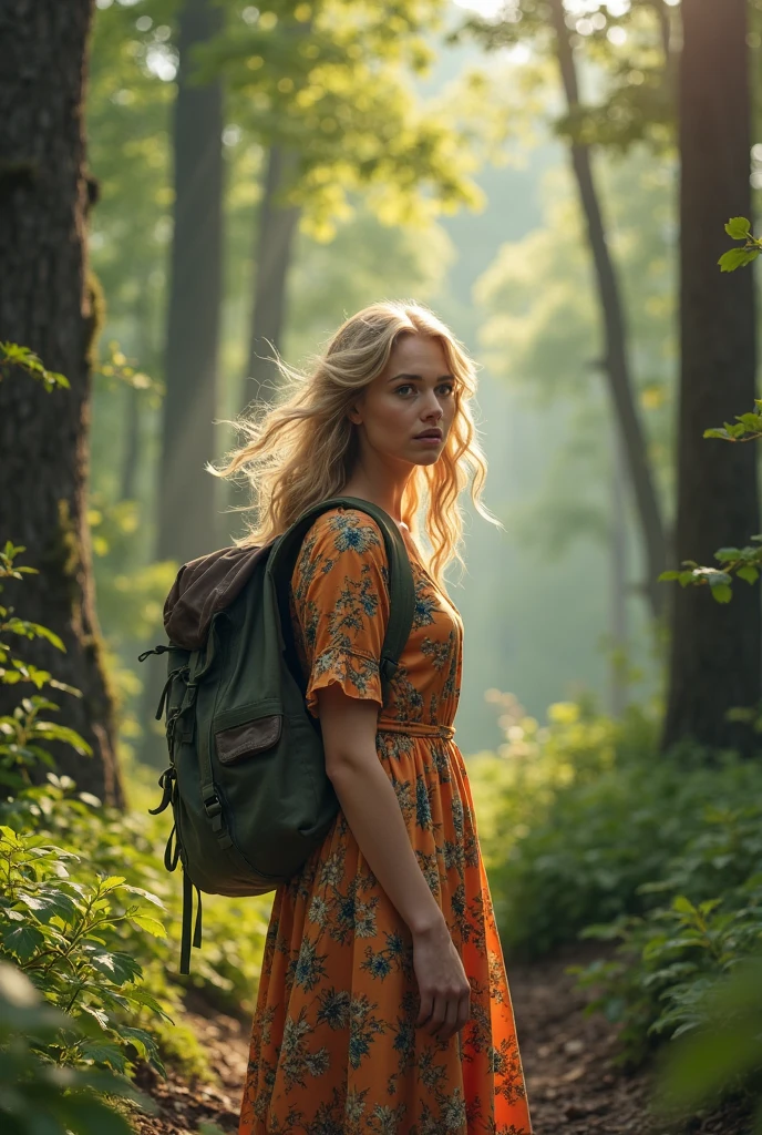 Tall muscular blonde woman with scars wearing a short yellow dress in a forest 