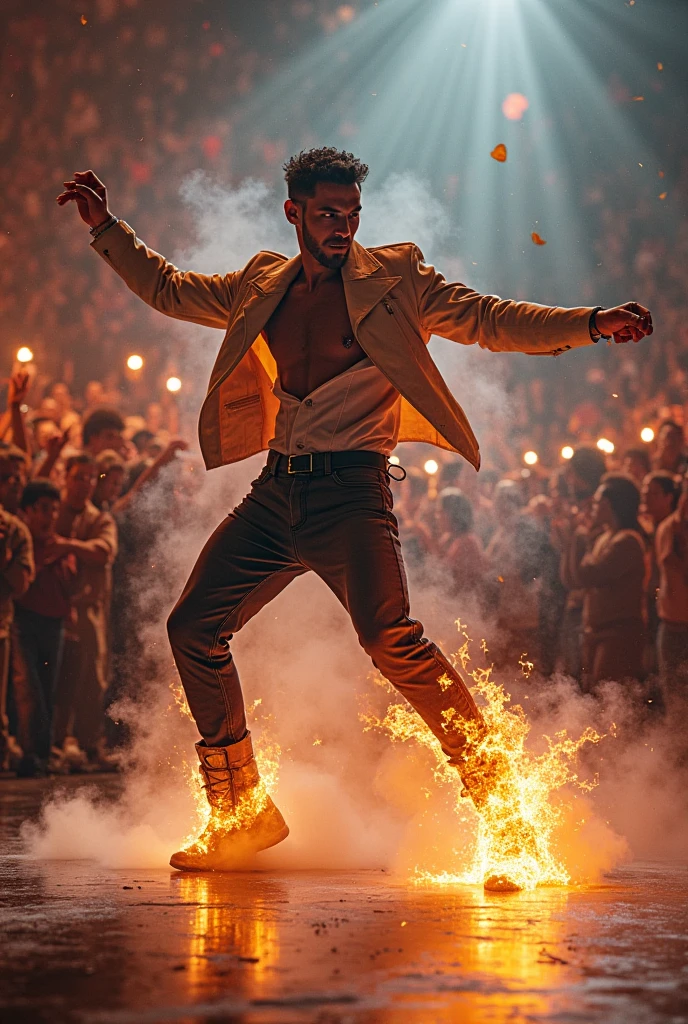 there is a man in white pants and a white shirt on a red carpet, fire behind him, inspirado em Randy Vargas, inspirado em David LaChapelle, fire!! corpo inteiro, inspirado em Mike Winkelmann, Fit male demon with white horns, render divino, The background is on fire, O Rei do Inferno, deus grego, ardente, ostentando sua riqueza --auto