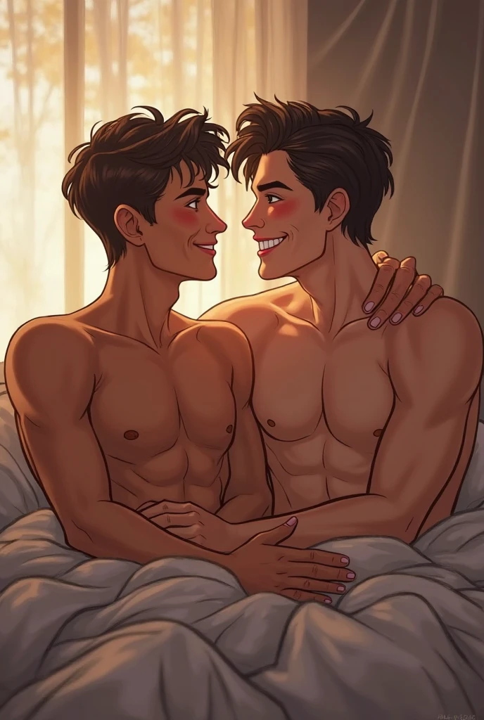 Two Man, underpant, 独奏, wearing no shirt, sitting down, greeneyes, best qualityer, brawny, twins.