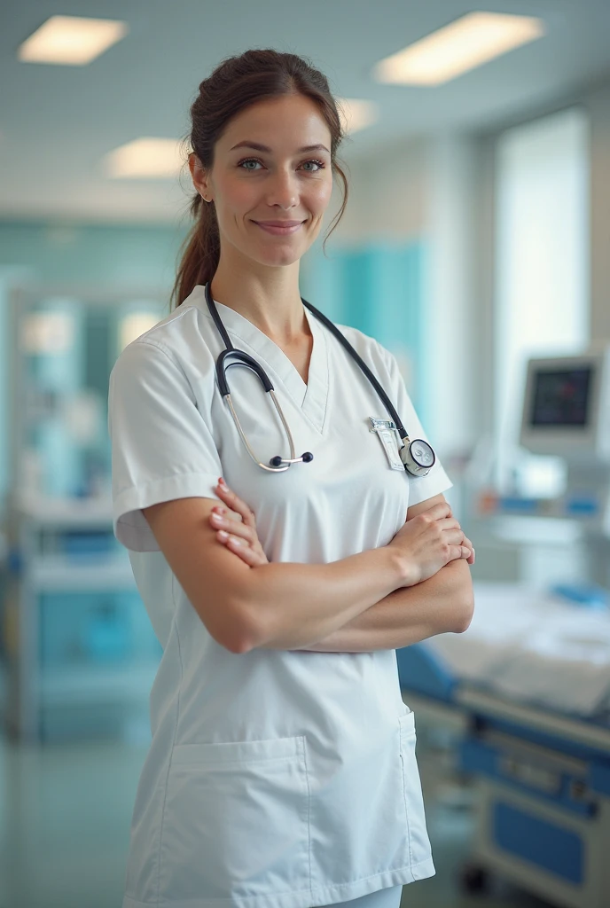 Femme indonéSienne,((40 anS)), Doctor, Beau viSage, skin white, Doctor Suit, StéthoScope, GrandeS hancheS, doux Sourire, Doux viSage, hospital, S&#39;aSSeoir Sur le lit