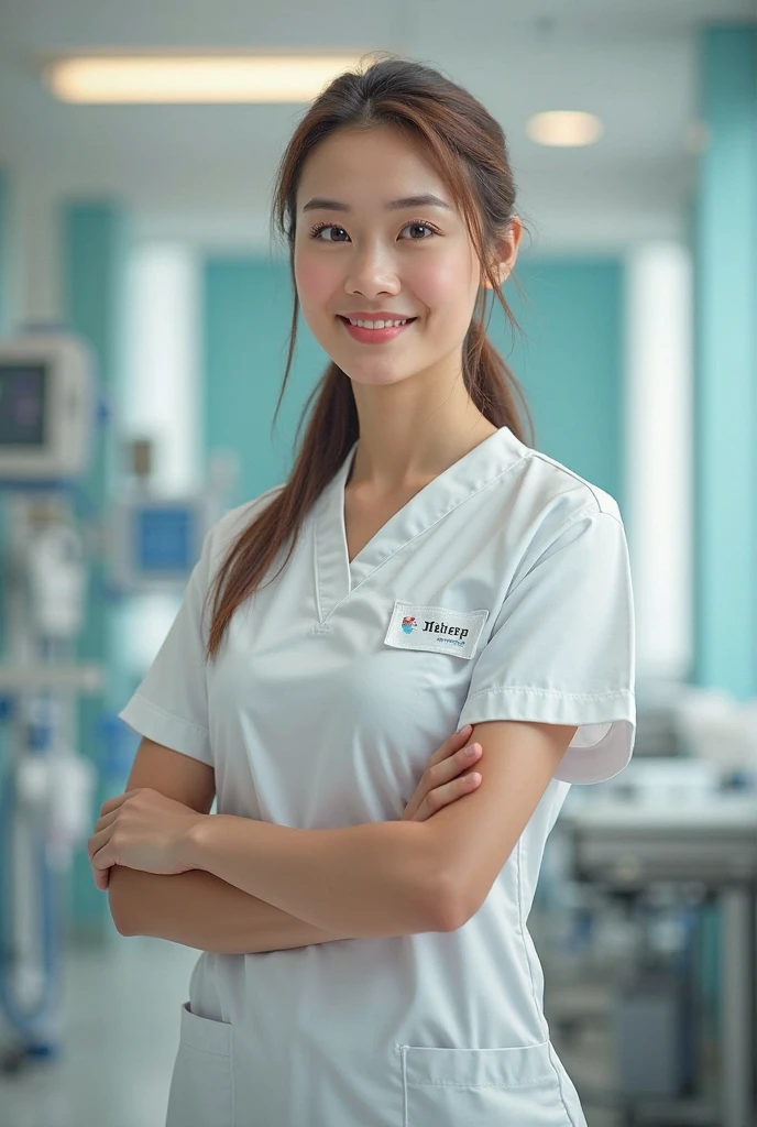 Anime character of a white girl with tied hair, White cap, white hospital cleaning uniform with silsa written logo and white sneakers