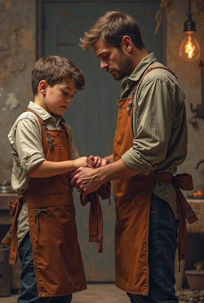 A young poor boy of 8-10 years old stands in a dimly lit, rustic room with wooden and brick walls. They have a serious expression and are wearing a loose beige shirt with suspenders. Moonlight streams through a dusty window, illuminating their face. In the background, there are tools, a workbench, a ladder, and other workshop items, night time, dark theme