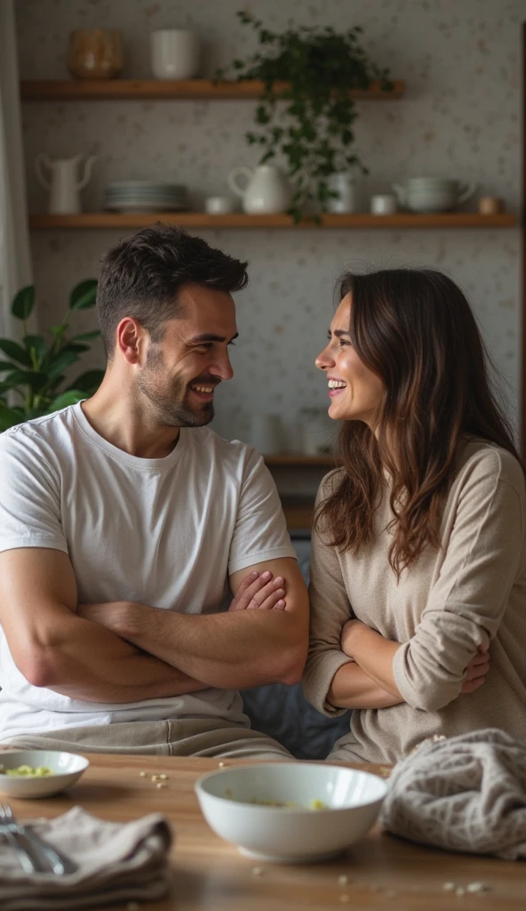 white couple is in a living room setting, talking close