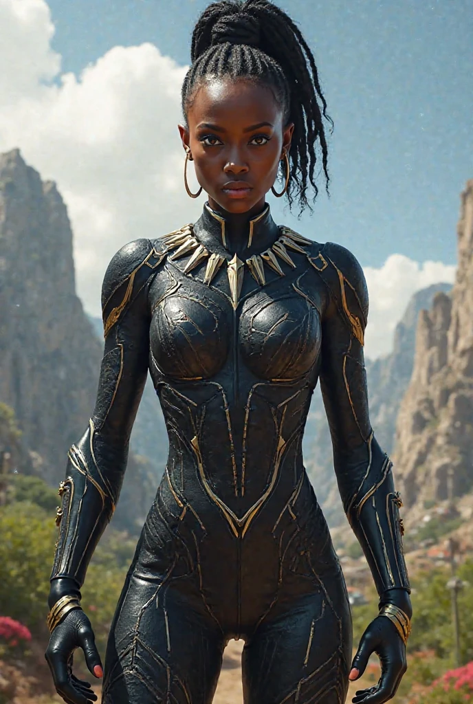 portrait| epic and intimate| golden hour lighting| wide shot, emphasizing the landscape and the woman| Fouta Djallon landscape with a futuristic city inspired by Wakanda and Black Panther| warm golden tones with hints of vibrant colors| Cinematic style influenced by Interstellar and Black Panther| a stunning Afrofuturistic Bissau-Guinean woman in full battle dress Vibranium armor, adorned with black and gold kente cloth design, standing confidently on a hill overlooking the city| fit and attractive features, ponytail hairstyle, hands behind her back, gazing out over the city inspired by Wakanda <lora:Elixir:0.5>
