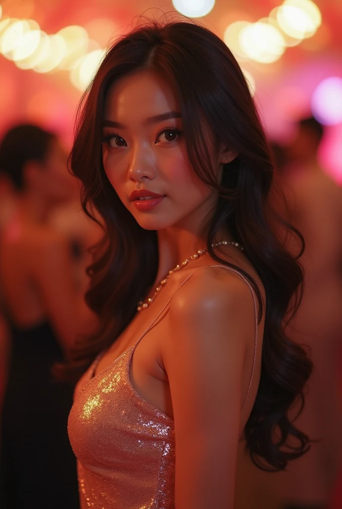 young asian, semi-long hair , dressed elegantly at a party. portrait, cinematic lighting,i dramatic lighting, warm color tones, dramatic colors