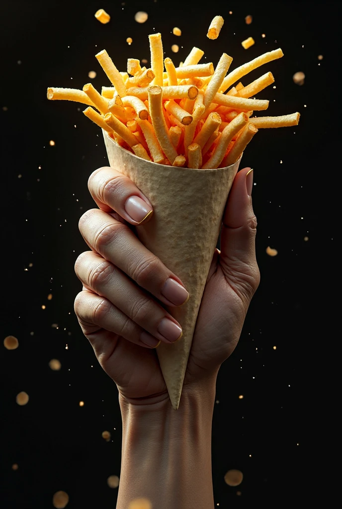 (an arm covered with lots of french fries), abstract, 2d, illustration, yellow-brown tone, distorted reality