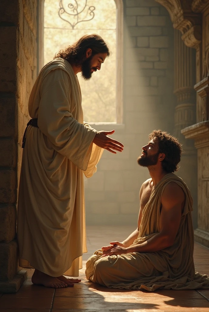 "A dramatic and inspiring scene of the creation of man from clay. GOD, with a majestic and enlightened presence, is molding a man of clay with his divine hands. The atmosphere is heavenly, with soft, divine light highlighting the scene. The clay man is partially formed, with details of their human characteristics beginning to emerge. The background may include ethereal clouds and a sense of spiritual depth.. The image must convey the importance and sacredness of the moment of creation, destacando a atenção e o cuidado de GOD ao criar a figura humana."