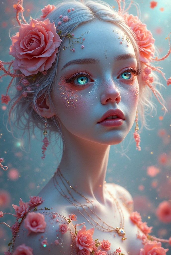 ((fractal art)),((artwork,Best Quality,extremely detailed,ultra high resolution,detailed background)),(((abstract background))),(1 girl),((showy)),flores,(shiny skin),((many colors)),(toys),feathers
