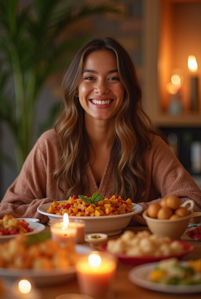 Draw a picture of a happy woman eating a lot. hyper realistic