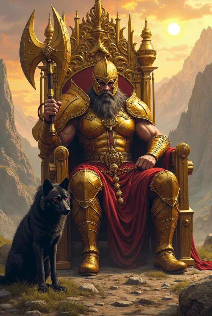Please create for me a picture of a goat sitting on a throne with a crown, all angry and muscular with god clothes holding a sky blue pennant saying LX SUP And on the other side of his hand a chain holding a bull and a dog crying at his feet