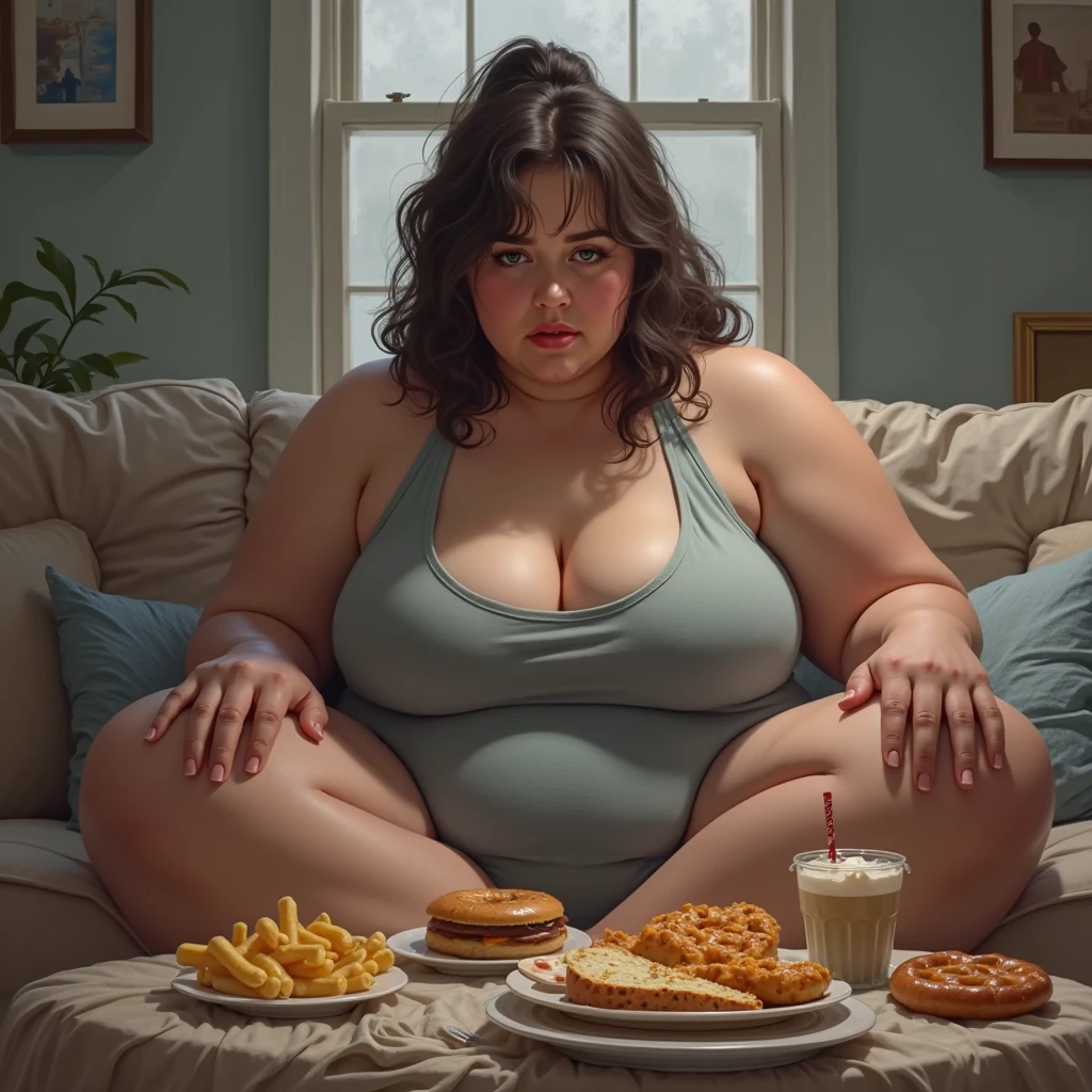 SHEIN Haute Plus Size Ripped Jeans with Cut Fringe on Side Tight, young woman, medium length black hair, oily hair, Belly free, tight crop top in white, brown eyes, curvy, chubby, holds on to his stomach with his hand, plump, chubby legs chubby arms, chubby cheeks, chubby belly, lying on the bed, pretty face, eats fast food