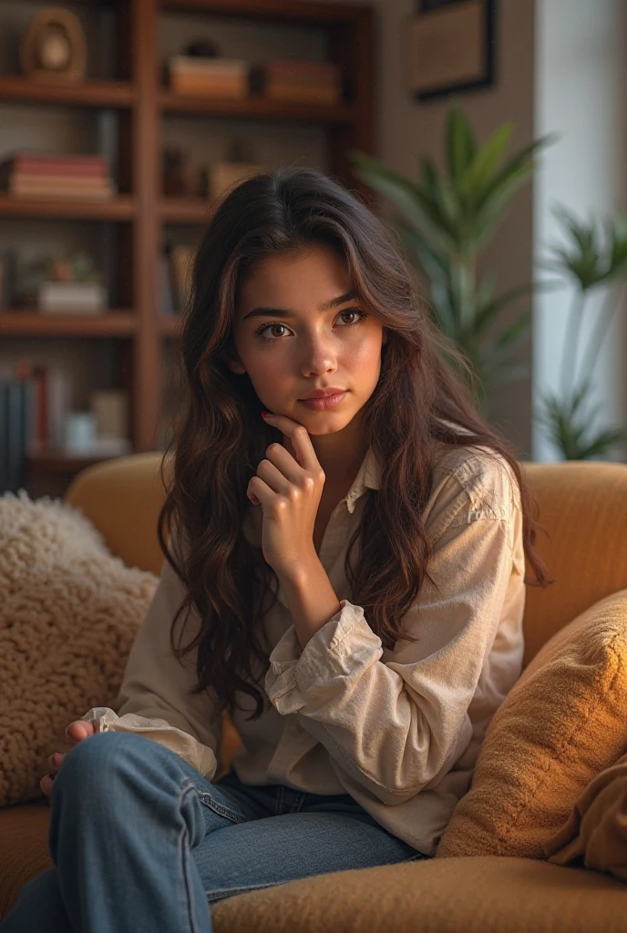 best quality,4k,8k,highres,masterpiece:1.2,ultra-detailed,realistic:1.37,portrait,beautiful detailed eyes,beautiful detailed lips,extremely detailed eyes and face,longeyelashes, curly black hair WOMAN,relaxed expression,comfortable pose,cushioned couch,soft fabric,muted colors,warm lighting,peaceful atmosphere,calm environment,cozy living room,serene mood,curly hair,modern interior,contemporary decor,light-filled space,airy curtains,dark wooden floor,bookshelf filled with novels,coffee table with a cup of tea,relaxing music in the background,candlelight ambiance,dimly lit room,gentle contrast,subtle shadows,highlighted facial features,quiet ambiance,gentle breeze from an open window