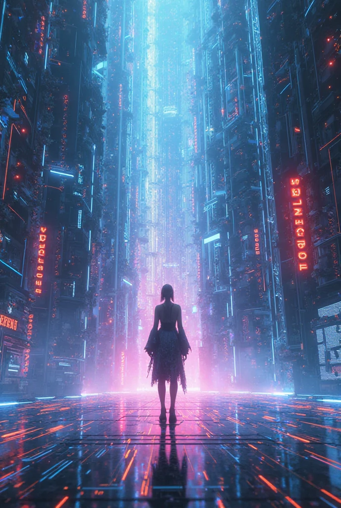 Cyberpunk female plagiarist immersed in digital theft, neon-lit alias within a vast online labyrinth, grotesque grunge brushing into surrealism, illuminated by kaleidoscopic volumetric light, a detailed masterpiece reminiscent of Moebius' distinctive style, deep focus, heightened depth field, psychedelic undertones amplified in a cinematic shot, aerial view of cyberpunk city at night, (((((1girl, solo))))), photo realistic, (((((large-breast:1.4 slim body, cleavage:1.4))))), (((off broken mini sling-shirt and black sling bra, extreamly short white pleated miniskirt, (((micro panty)))))), (((((running pose))))), (((((((matrix style black micro sunglasses))))))), ((((((((((aiming with a short gun)))))))))), (((((looking at camera))))), (((very low view))), (((((half-body thigh level medium shot))))), (((cinematic lighting))).