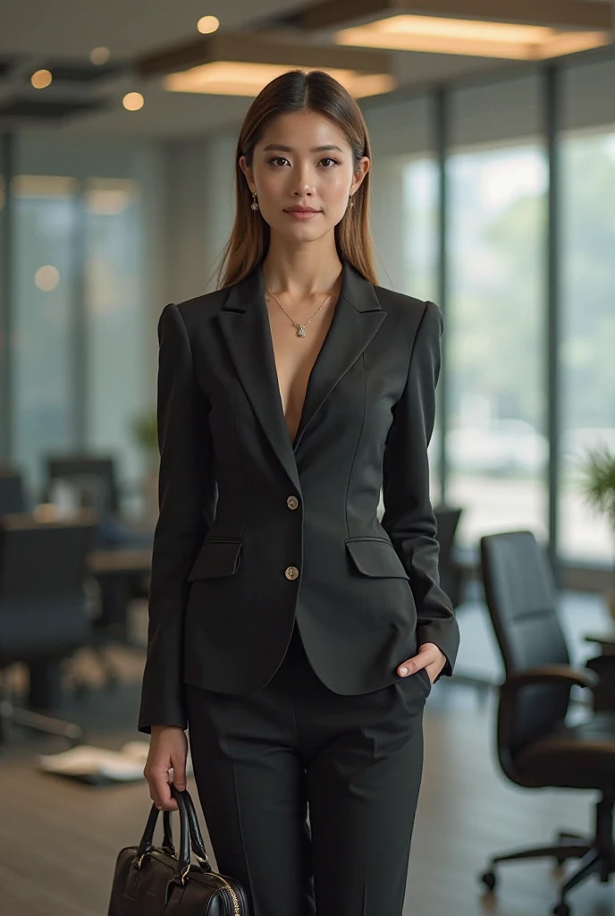 pretty eurasian woman, slim face, high cheekbones, business suit , in foyer of expensive hotel