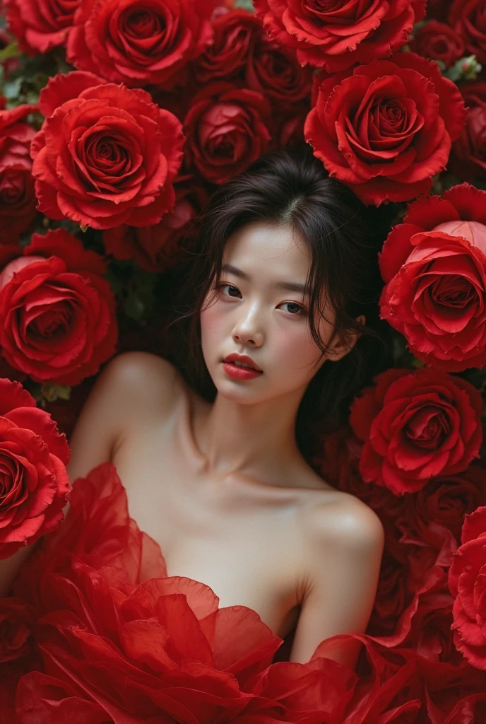 Naked, completely naked, no clothes, girl, , bed of roses, black hair, Mackenzie Foy