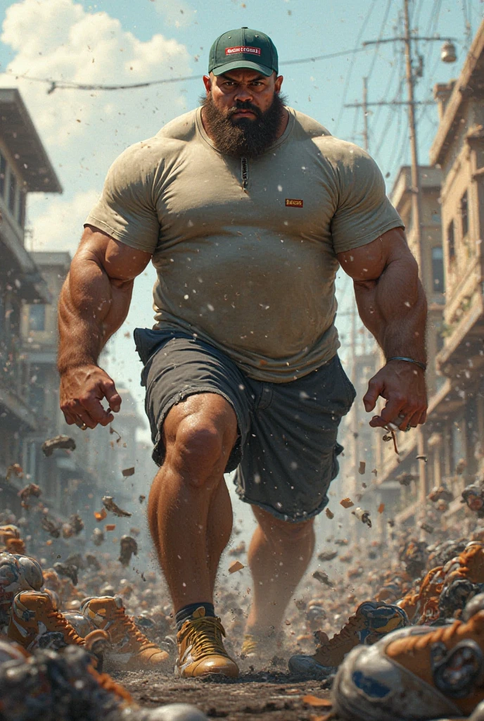 Show a man carrying 100,000 lbs.
