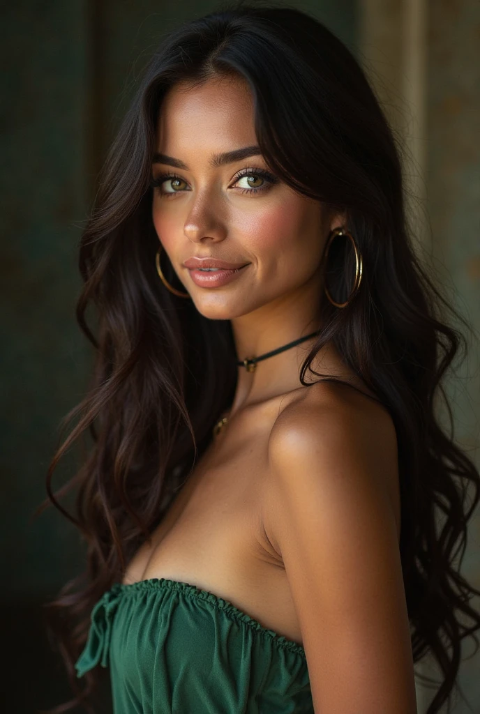 Stunningly beautiful supermodel, age 29, radiates otherworldly allure with her opalescent, iridescent, and pearlescent glow. An ethereal goddess, she boasts voluminous hair framing her golden eyes and captivatingly fairy-like makeup. Soft, flawless skin with a touch of rosy blush enhances her slight smile, hinting at both cuteness and seductiveness. Her enthralling gaze transfixes the viewer.

Dressed in an exquisitely classic black velvet saree, adorned with dazzling sequins or intricate beadwork, she exudes elegance and sophistication.