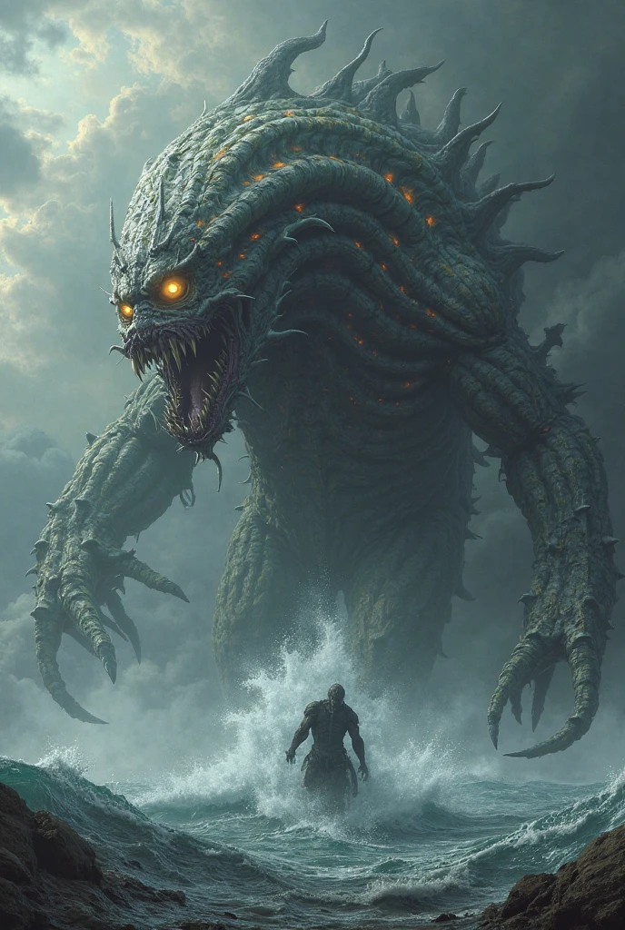 dark night cinematic giant kraken whith human body big body, kraken head with a lot of tentacles and extra large wings cthulhu shadow. rising of the ocean, a flash of a diagonal lightning bolt tearing the scene, a sailor figure, almost tiny in size smile crazy, is standing still on the edge of the beach looking at the ocean. in the left corner of the scene is a lighthouse on an island in the ocean. dark atmosphere. terror and horror feeling.
