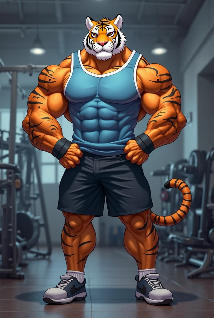 a white tiger mercenary in a gym, shirtless and topless, black gym shorts, fingerless gloves, gym shoes, flexing his arms, muscular, dynamic pose, intricate details, cinematic lighting, photorealistic, 4k, high resolution, best quality, masterpiece