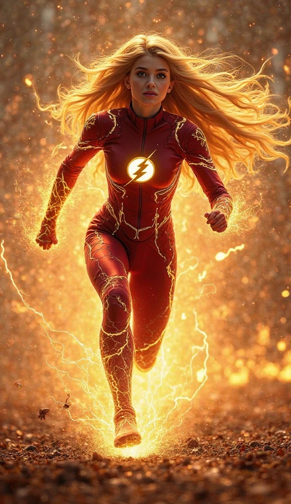 A beautiful blonde woman with long hair wearing The Flash's red suit with yellow boots 