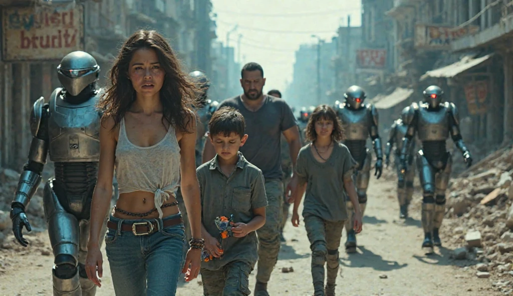 Create a woman in a pink blouse and denim shorts with long black hair loose with bangs and guns in her hands, protecting your 3 year old son blue t-shirt, blond hair a little voluminous, are facing away looking at a bunch of ugly zombies, Estilo The last of Us