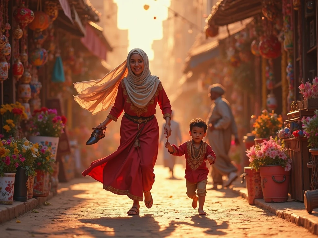 Hijab superhero shopping clothes with her daughter