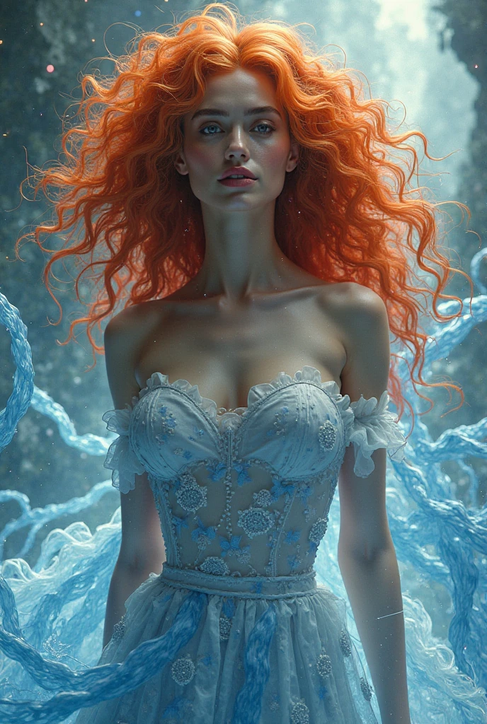 Fantasy Art, realist, Beautiful model presenting a dress made of ice and fire., (Best Quality, 4k, 8k, high resolution, masterpiece: 1.2), ultra detailed, (realist, fotorrealist, fotorrealist: 1.37), Hiperrealist, extremely detailed, will radiate an unreal glow, long red hair in the air, with freckles, medium breasts, Your sensual curves will become almost transparent, including sound waves, create music, masterpiece.