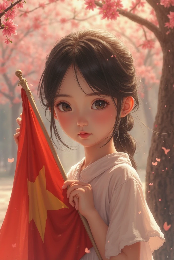 a child in elementary school uniform holding an indonesian flag,indonesian independence day,beautiful detailed eyes,beautiful detailed lips,extremely detailed eyes and face,long eyelashes,1girl,oil painting,illustration,dynamic pose,colorful,vibrant,dramatic lighting,sharp focus,photorealistic,4k,8k,highres,masterpiece:1.2,ultra-detailed,realistic:1.37,studio lighting,ultra-fine painting,physically-based rendering,extreme detail description,professional,vivid colors,bokeh