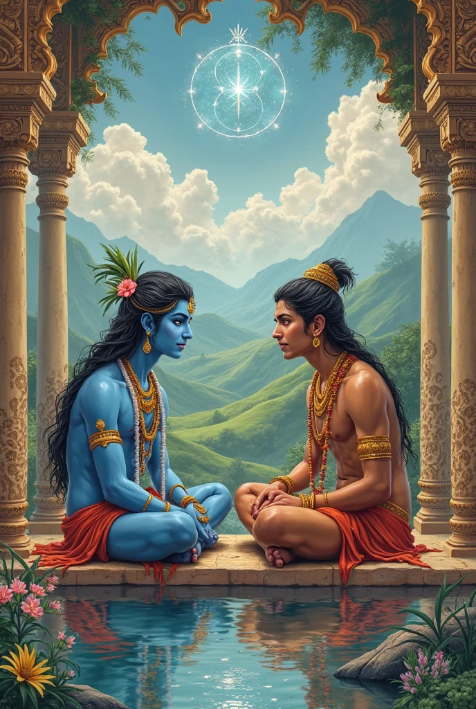 A person sitting between lord Shiva and lord Krishna 