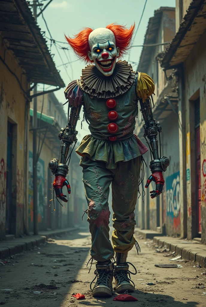 A grimy, industrial clown with oil-stained clothes, metal mask, and smoke-belching machinery, set in a post-apocalyptic wasteland