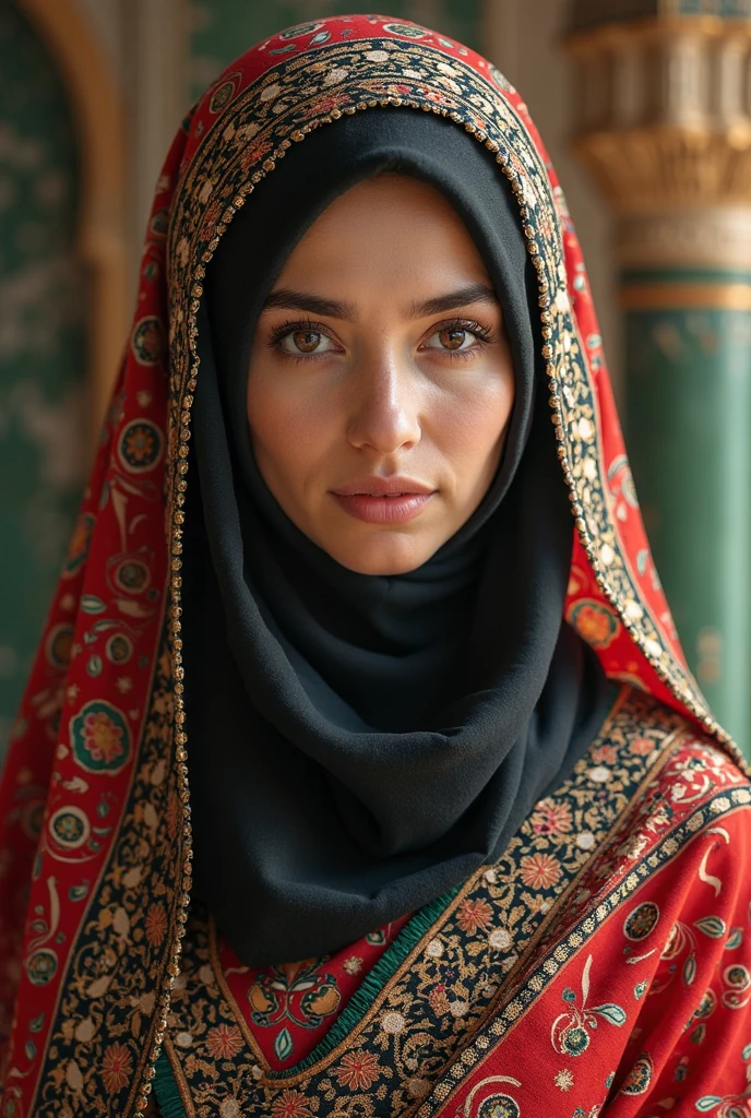 A girl wearing an arankali suit with and a deep burgundy hijad wrapped around her head with a black niqab