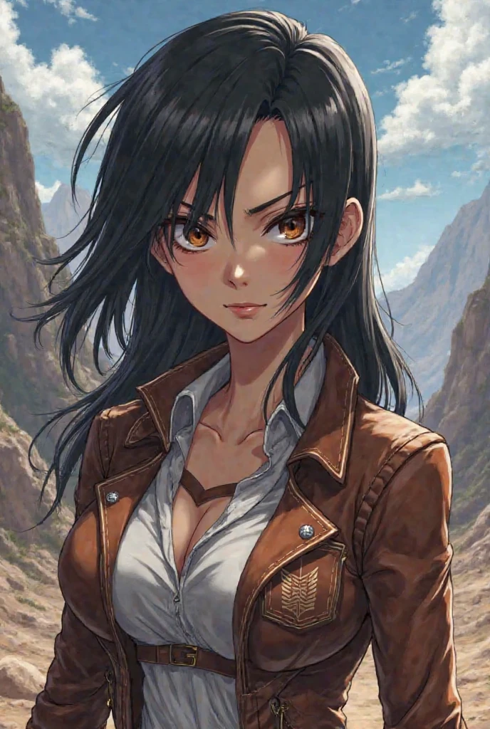 full body,waterfall background,cleavage, 4k image, (masterpiece:1.2, best quality), photorealistic, (hyperrealistic:1.2), beautiful, AOT's Mikasa