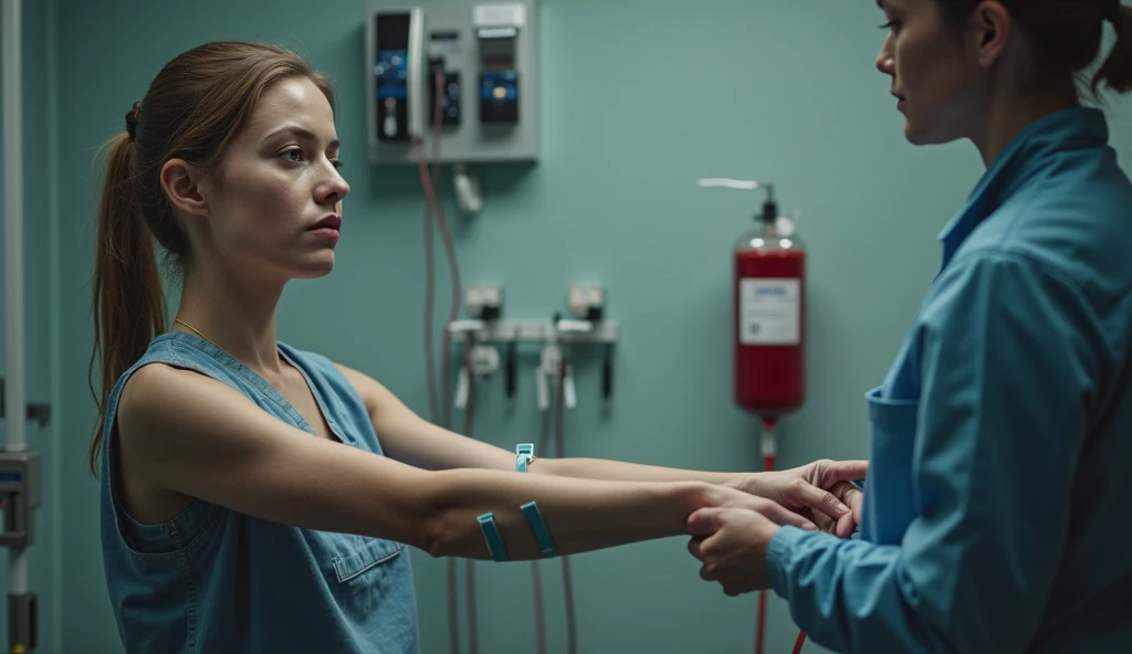 RAW Photos, Full-length portrait of a character, One Girl, wonderful, Adult, (Tickling, tickle, tickles, tickled torso by mechanical hands, Grab the torso:1.25), laying on a table, (Tied to a table, bound:1.3), ponytail, Wearing shorts, Crop top, In a hospital laboratory, Soft Light, Facial reconstruction, Emotions of a smile