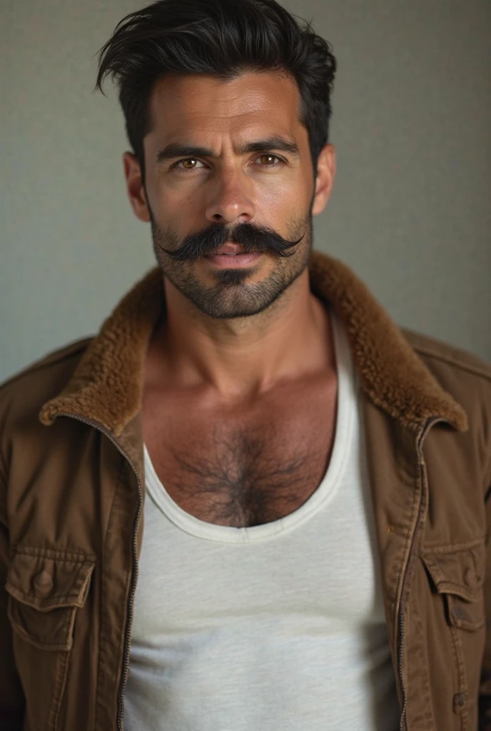 Creates a somewhat old but fit man with muscle, mucha barba y un bigote blancos, con ojos cansados, porfavor.