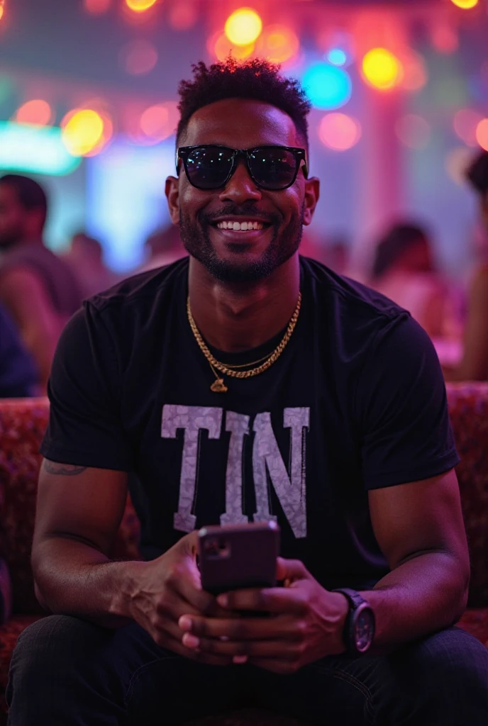 Create a 29-year-old Brazilian guy with braided hair, a white tank top, and red-lensed glasses in a restaurant.