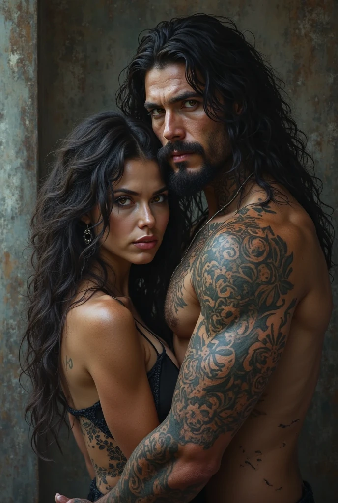 Black haired woman behind a very handsome long black haired man with tattoo