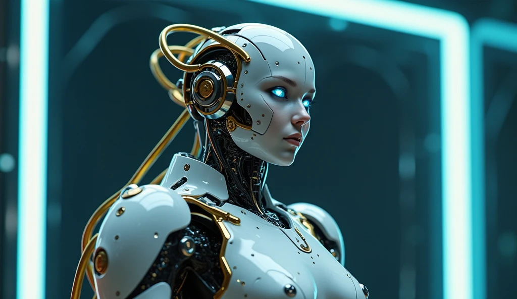 hyper realistic photo, White Female Robot Goddess Gaia (((attached ti an electronic tree of life))), (((Destaques rosa neon))), Electronic Systems On-Head Humanoids, Detailed Brain in Sight, Detailed connection wire, mechanical limbs, tubes connected to mechanical parts, mechanical vertebrae adhered to the spine, mechanical cervical attachment to the neck, wires and cables connecting to the head, (((Led in Surgical Bed))), (((Connection Cables with Monitors))) | biopunk | cybernatic | Cyberpunk | neon roxo | Canon M50| 100 millimeters| foco nítido | hiper-realismo | Very detailed| detalhes intrincados | whole body view, small bright LED bulbs, Destaques em azul brilhante, Global lighting, Sombras profundas, octane rendering, 8k, Ultra sharp, metal, detalhes intrincados do ornamento, Detalhes barrocos, detalhes muito intrincados, luz realista, CGSoation trend, Facing the camera, Neon details, (Android Manufactory em segundo plano)