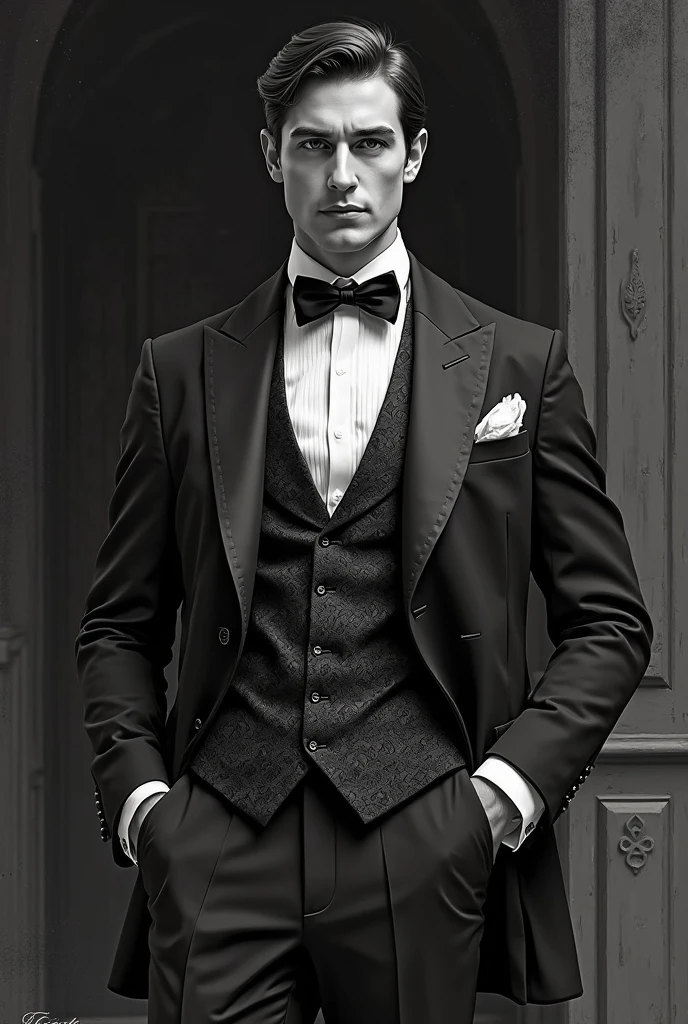 A sexy gentleman,Victorian era fashion, handsome face, black and white photo, homoerotic , focus from head to thighs, crotch, mysterious expression ,nsfw