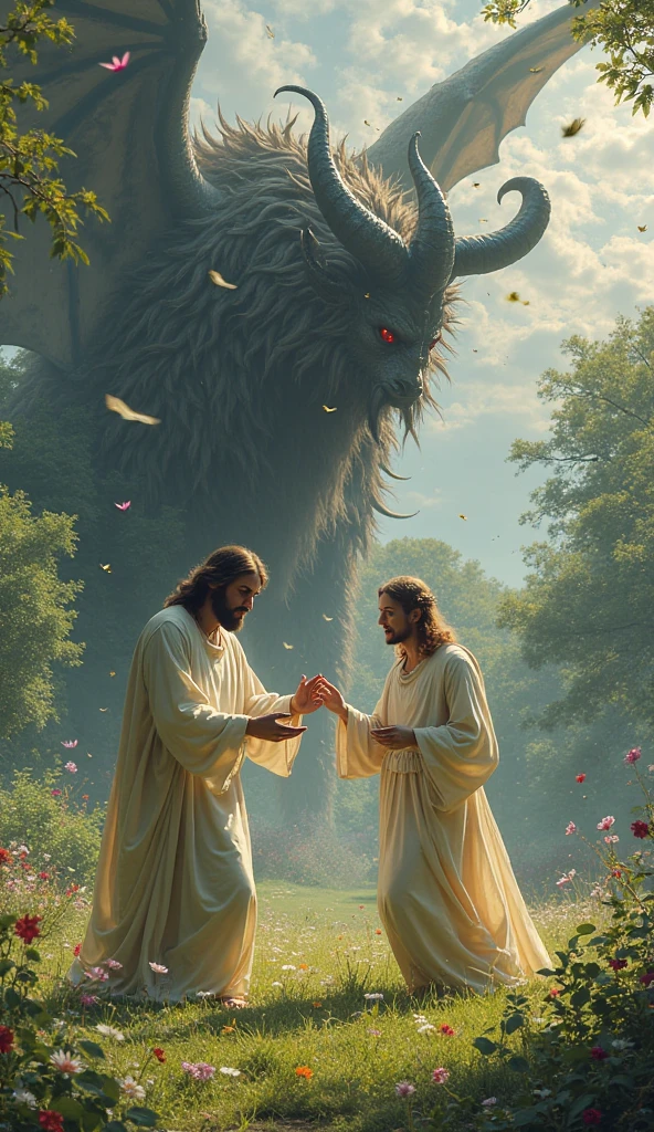 Juses vs satan among people in grassland