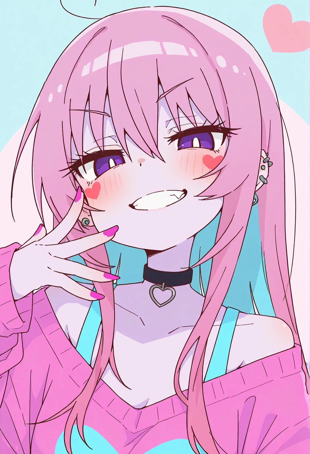 (chelodoy:1.0), best quality, masterpiece, detailed background, highly detailed, intricate, detailed face, long eyelashes, detailed eyes, (portrait:1.3), (thick thighs:1.0), (medium breasts:1.1), (bright pink background:1.3),
(one girl:1.2), (1girl:1.1), (solo:1.4), (pink eyes:1.2), (light blue hair:1.3), (long hair, straight hair, blunt bangs:1.2), (thick lips:1.3), (choker:1.1), (pale skin:1.0),
(pink cotton sweater:1.3),
(light smile, blush, nose blush:1.1), (half-closed eyes:1.2), (open mouth, tongue out:1.3), (foreshortening:1.3), (looking at viewer:1.3), <lora:me!me!me!-958it-novae:1> <lora:ChelodoyStyle-V1R1-Fixed-8:1>