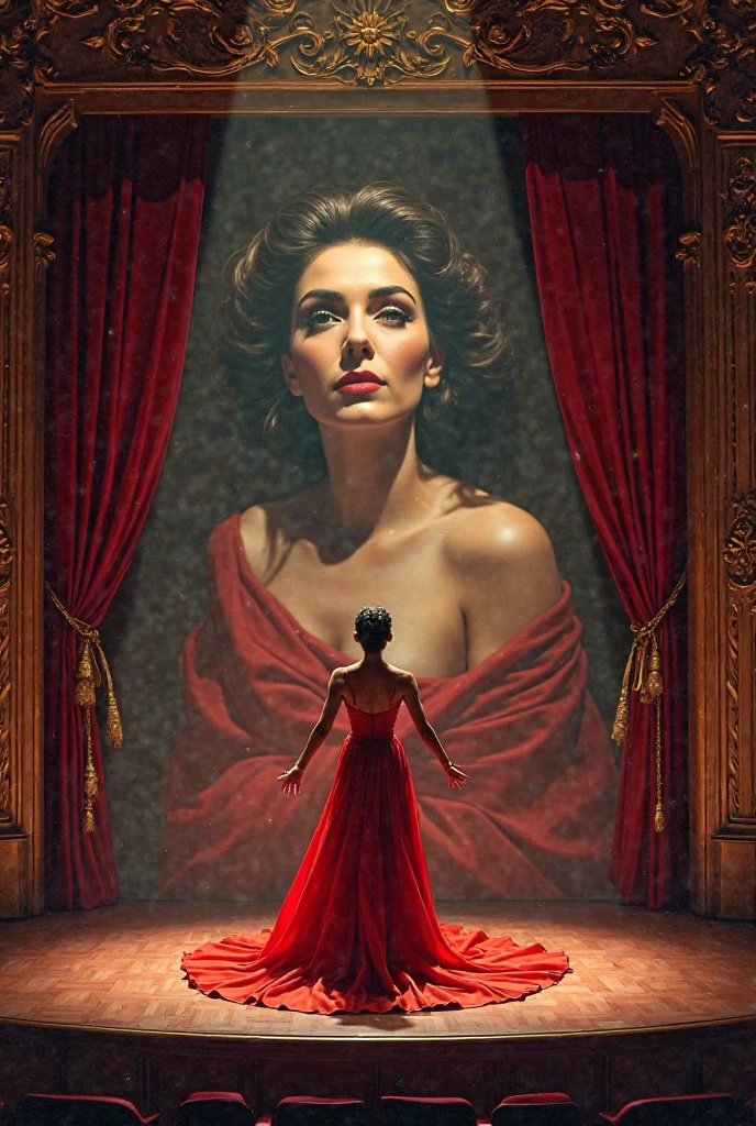 Oil panting. Breathtaking Half body portrait of an elegant woman, black translucent hair, in a red evening gown, sitting in front of a mirror, chiaroscuro. Award-winning, professional, highly detailed <lora:r3mbr4ndt_001:0.5> r3mbr4ndt